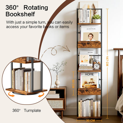 Bikoney 5-Tier Rotating Bookshelf, Tall Industrial Corner Book Tower