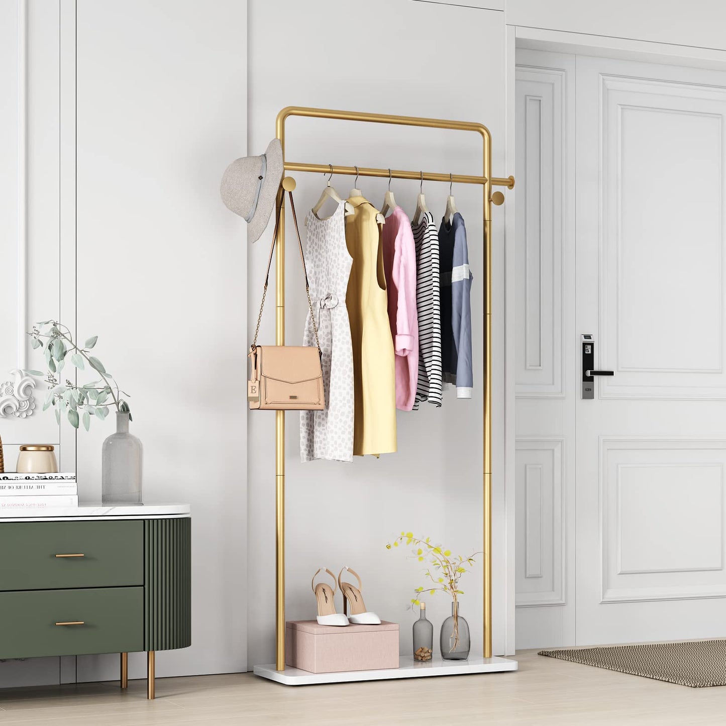 TIEOU Gold Clothes Rack With Shelf, Clothing Racks for Boutiques, Free-Standing Garment Rack for Hanging Clothes, Small Metal Coat Rack Heavy Duty