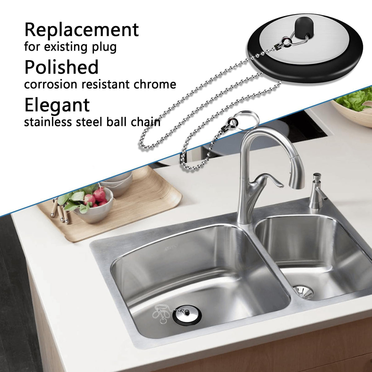 3 Pcs Universal bath plug with Chain, Bathroom Sink Plug Replacement, Drain Stopper for Bathroom Kitchen (Size 1.7in, Chain 15.7in)