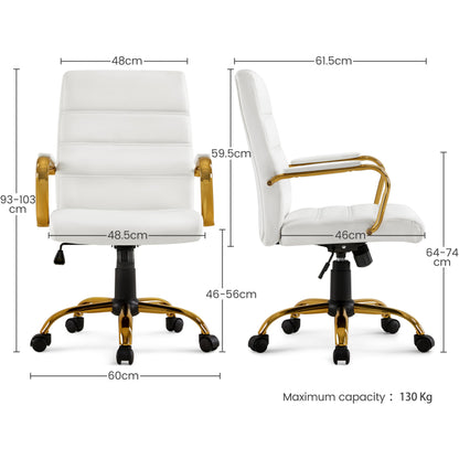 Yaheetech Mid-Back PU Leather Swivel Chair Gold Leg & Lumbar Support, White