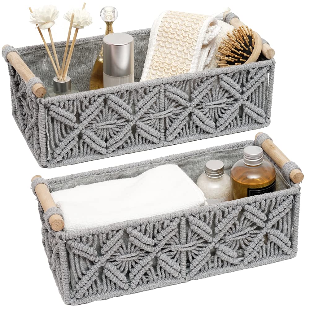 Macrame Storage Basket Boho Decor Baskets for Organizing Woven Decorative Countertop Toilet Paper Tank Top Home Bedroom Nursery Livingroom Entryway