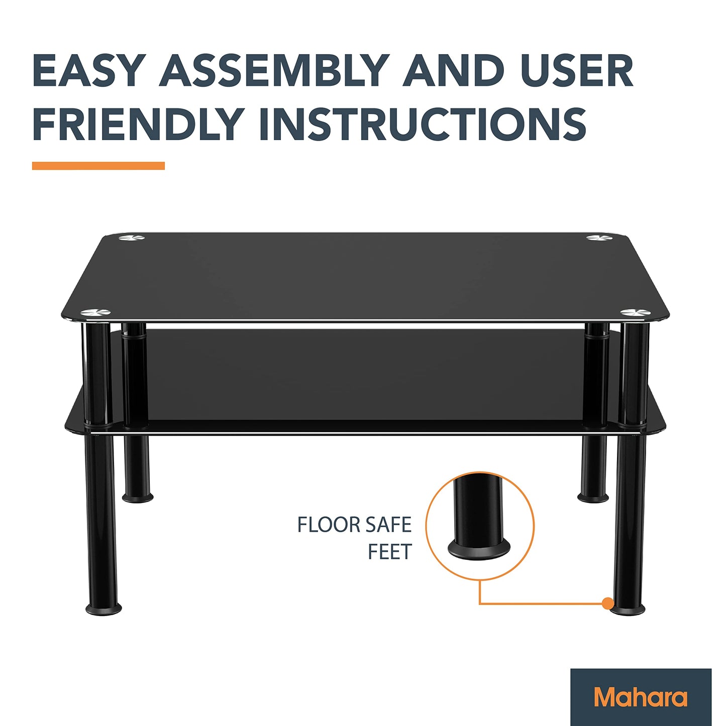 mahara Black Glass Coffee Table - Large side table with shelf and black aluminium legs - W80cm x D60cm x H41.5cm