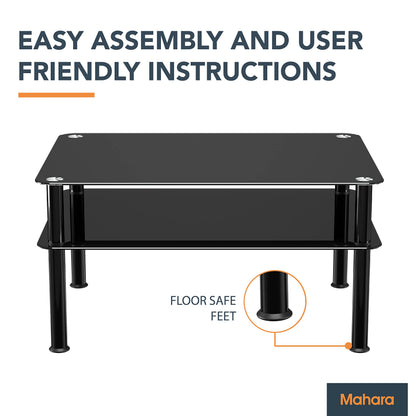 mahara Black Glass Coffee Table - Large side table with shelf and black aluminium legs - W80cm x D60cm x H41.5cm