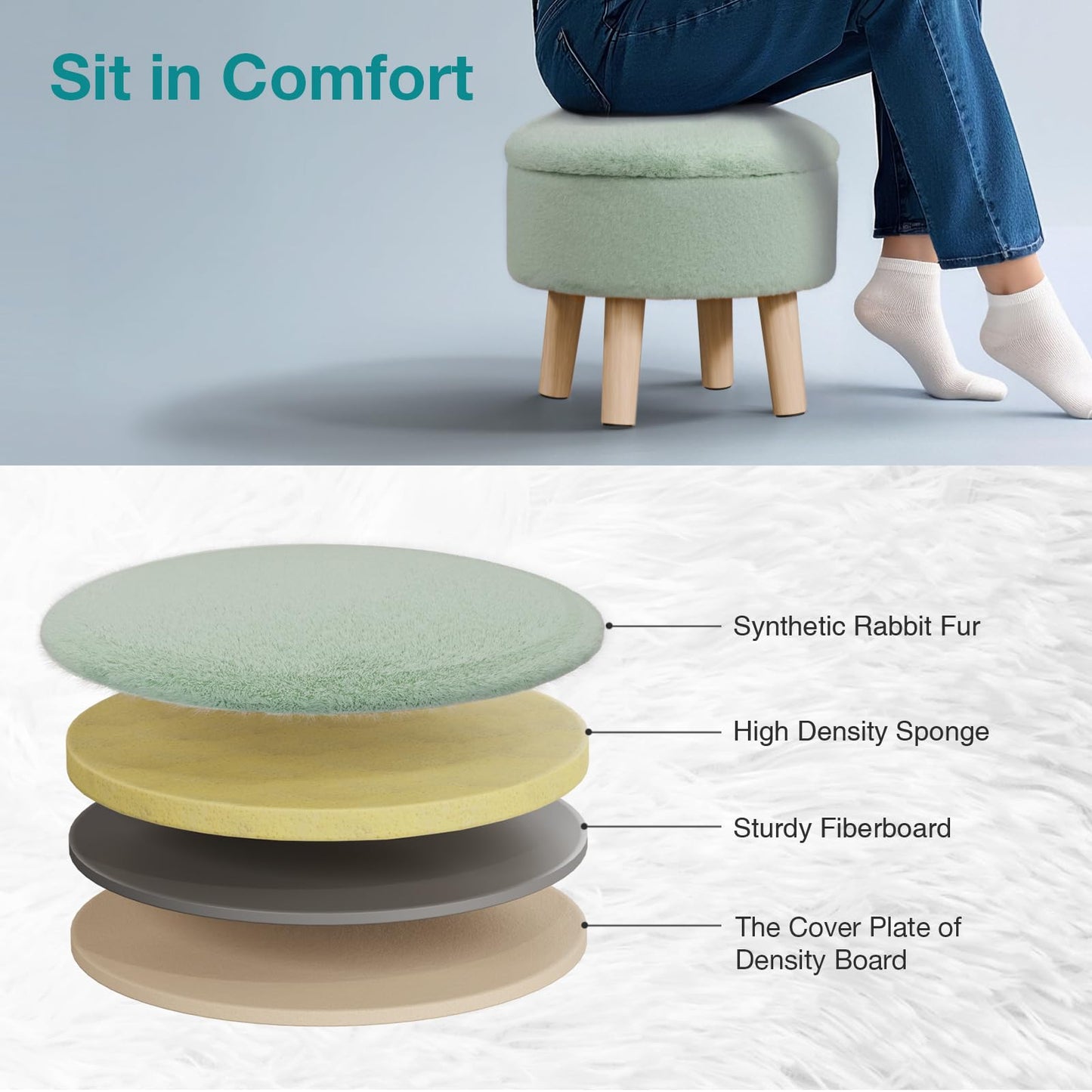 BRIAN & DANY Footstool with Storage, Small Storage Ottoman, Faux Fur Round Stool with Lid, Foot Stool with Legs for Living Room Entryway, Green