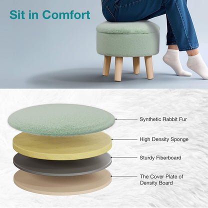 BRIAN & DANY Footstool with Storage, Small Storage Ottoman, Faux Fur Round Stool with Lid, Foot Stool with Legs for Living Room Entryway, Green