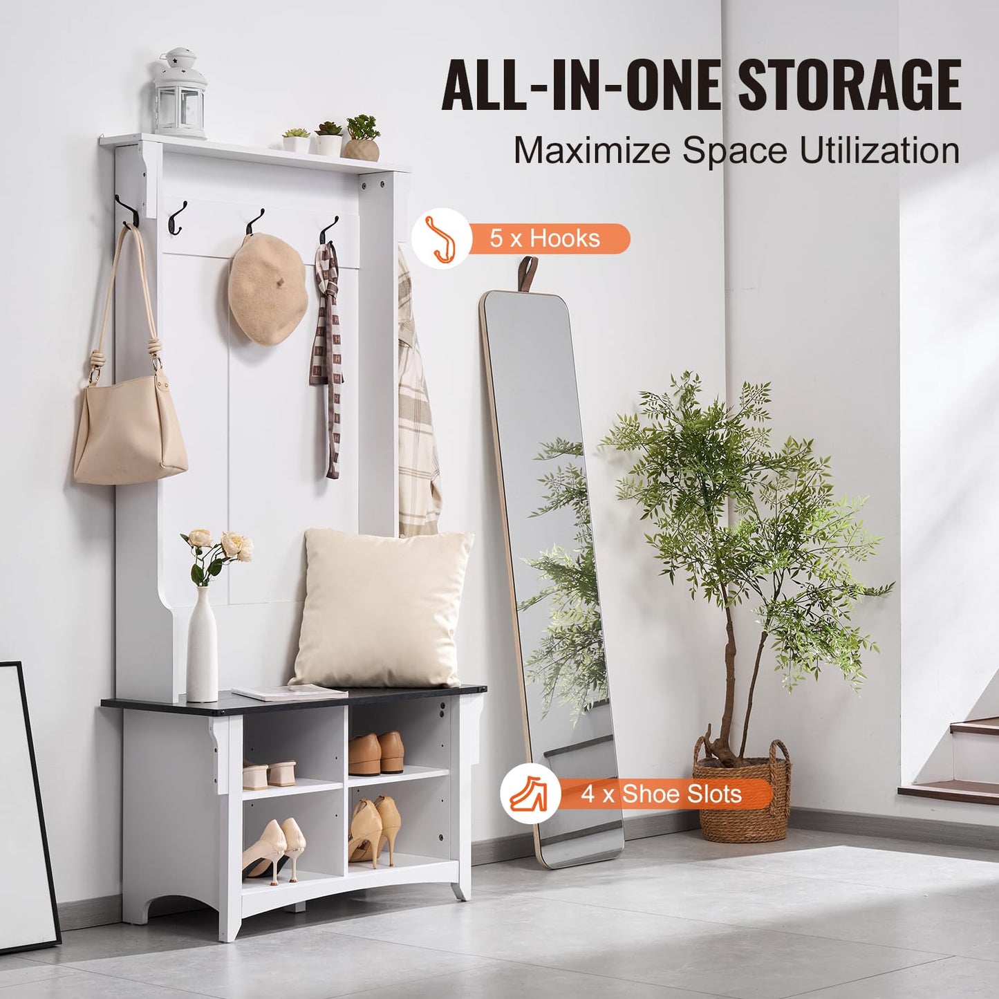 VEVOR Hall Tree with Storage, White, 16.5" W x 32.2" L x 67.7" H, Transitional Style, Wood Metal, 5 Hooks, 4 Drawers, Adjustable Shelves