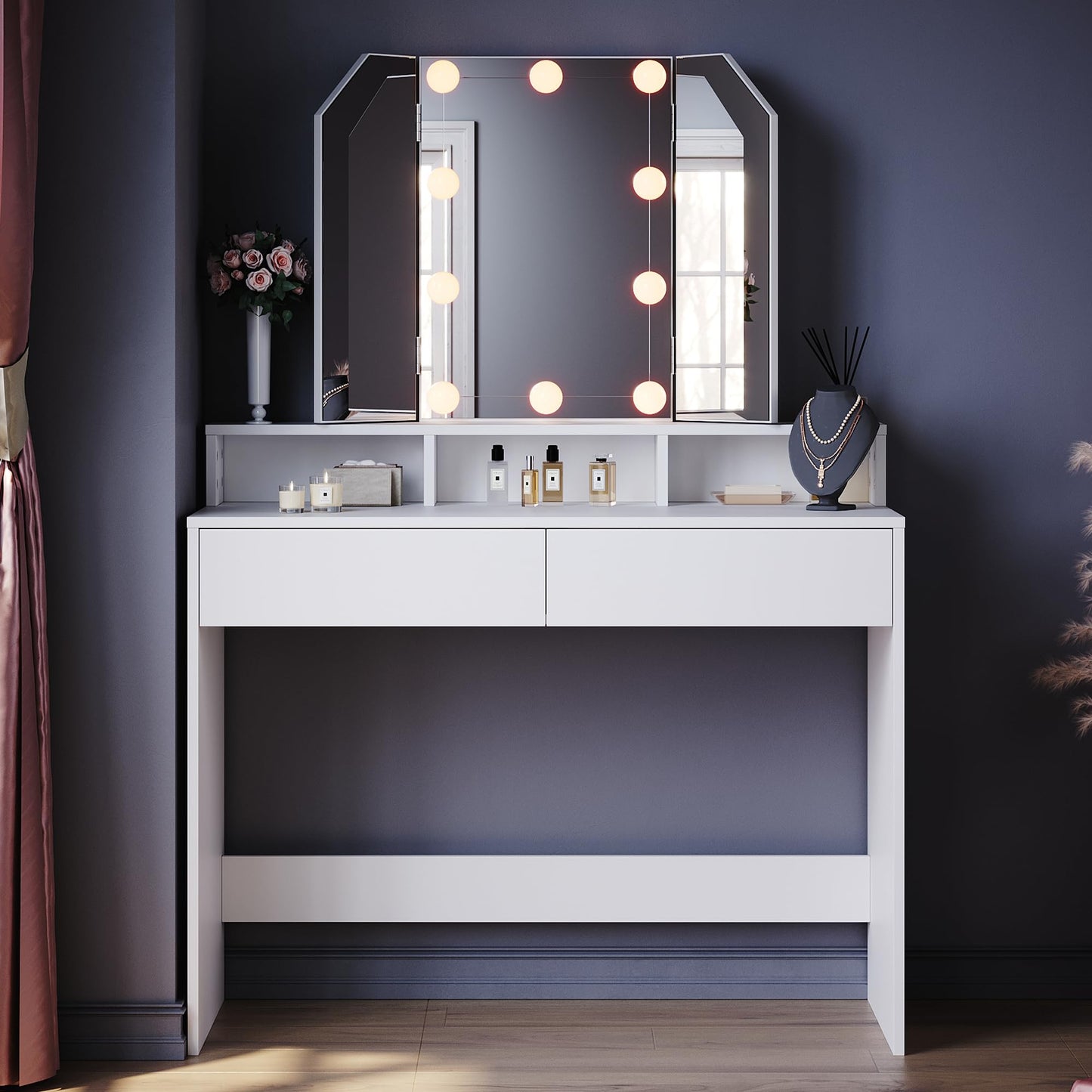 ELEGANT Dressing Table with Tri-Fold Mirror (180?) Makeup Vanity Desk with 2 Drawers and 3 Open Compartments and Hollywood LED Lights, Adjustable