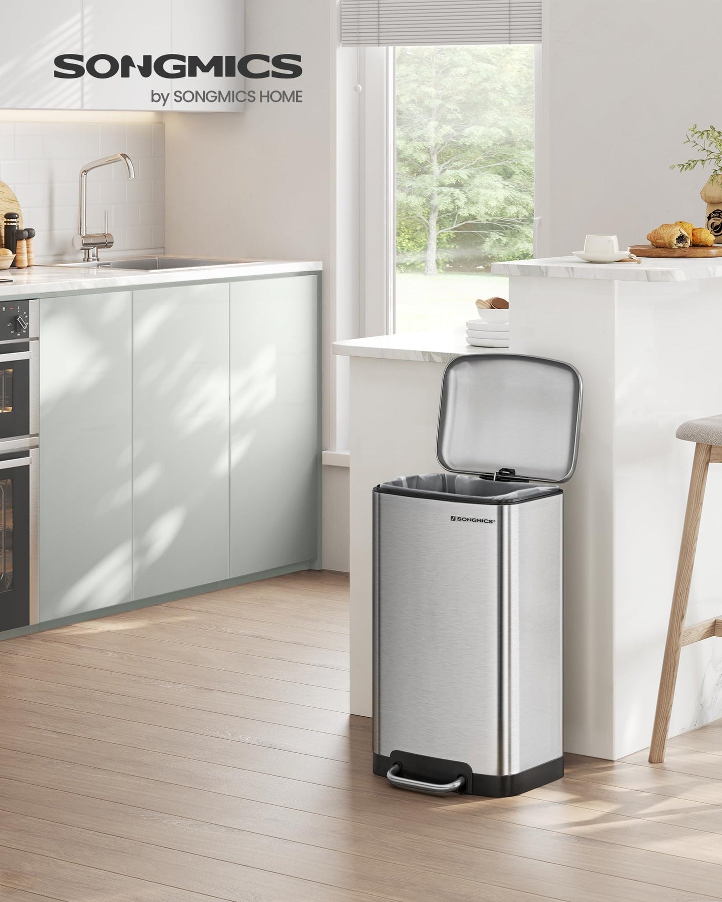 SONGMICS Rubbish Bin, 30L Trash Can, Steel Pedal Bin, with Inner Bucket and Lid, Soft Closure, Airtight, for Kitchen, Living Room, Silver Colour