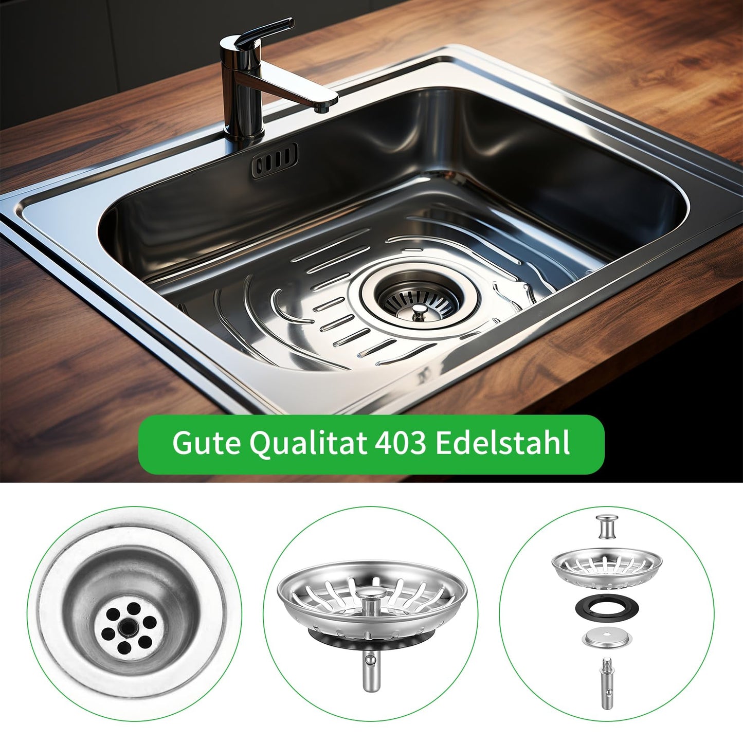 HUAERSICO Stainless Steel Kitchen Sink Plug Replacement, Diameter 84 mm, Kitchen Sink Strainer for Food, Two Spare Seals