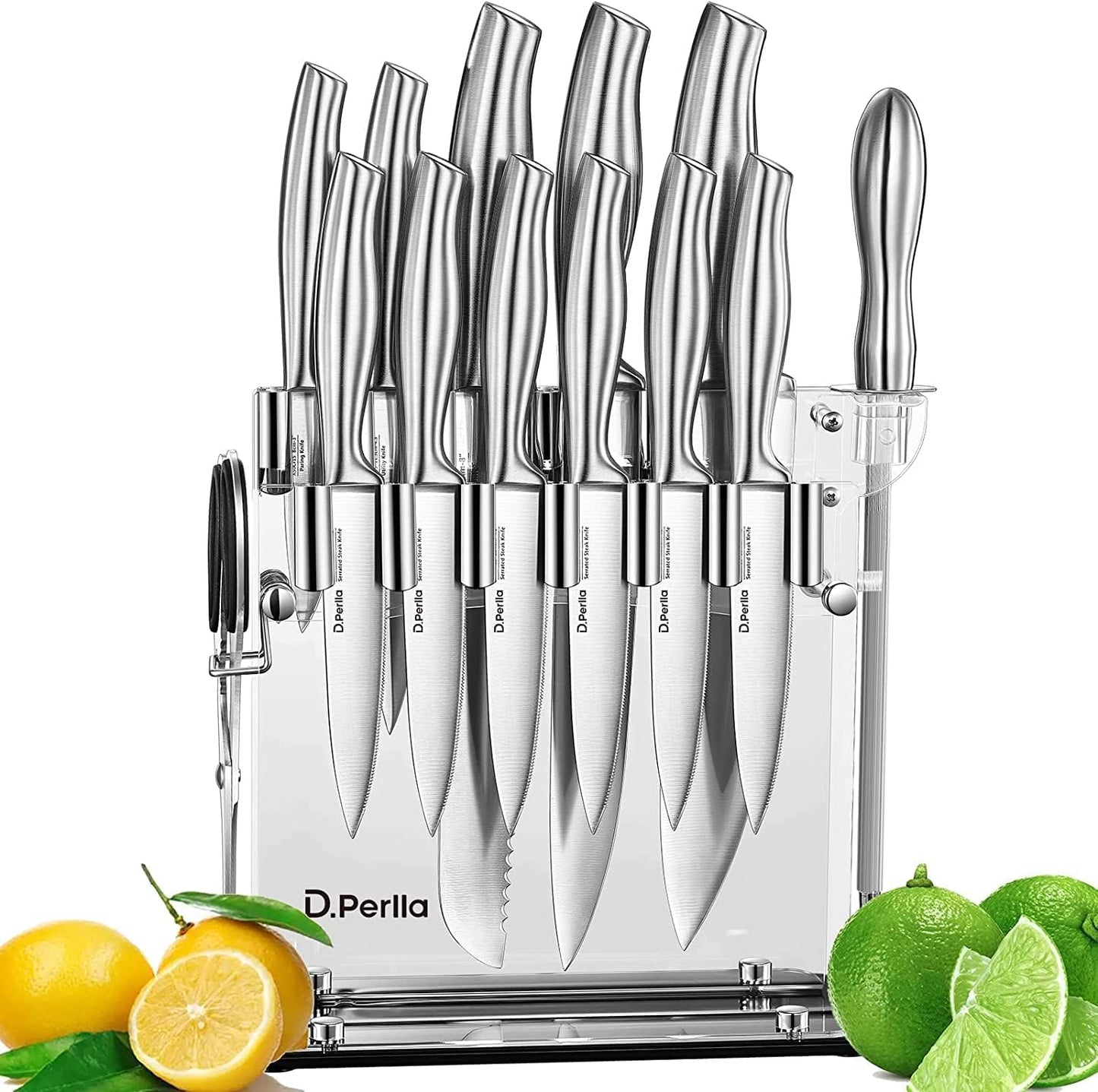 D.Perlla 14 Pieces Kitchen Knives Set with Clear Acrylic Knife Block High Carbon Stainless Steel Kitchen Knife Set with Steak Knives, Scissors,