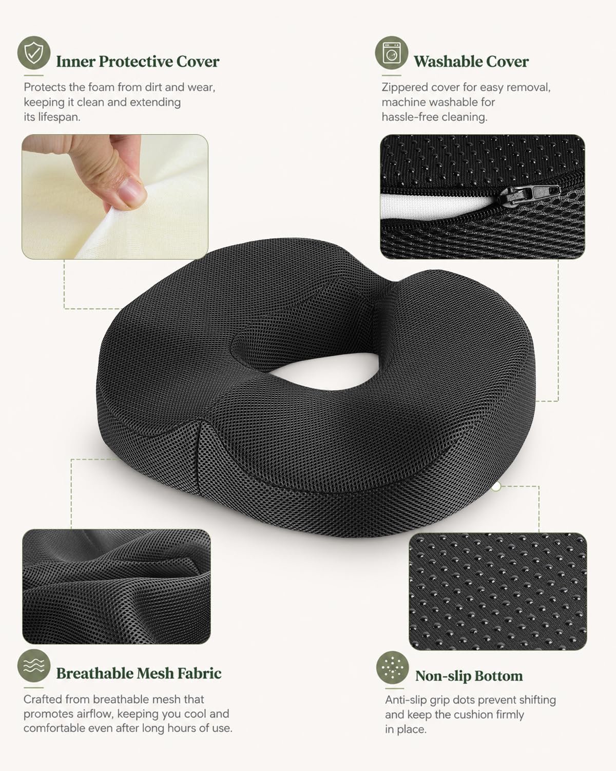 Donut Cushion for Meditation, Hemorrhoids & Postpartum Recovery, Coccyx Cushion for Tailbone Pain Relief, Memory Foam Seat Cushions for Long Sitting