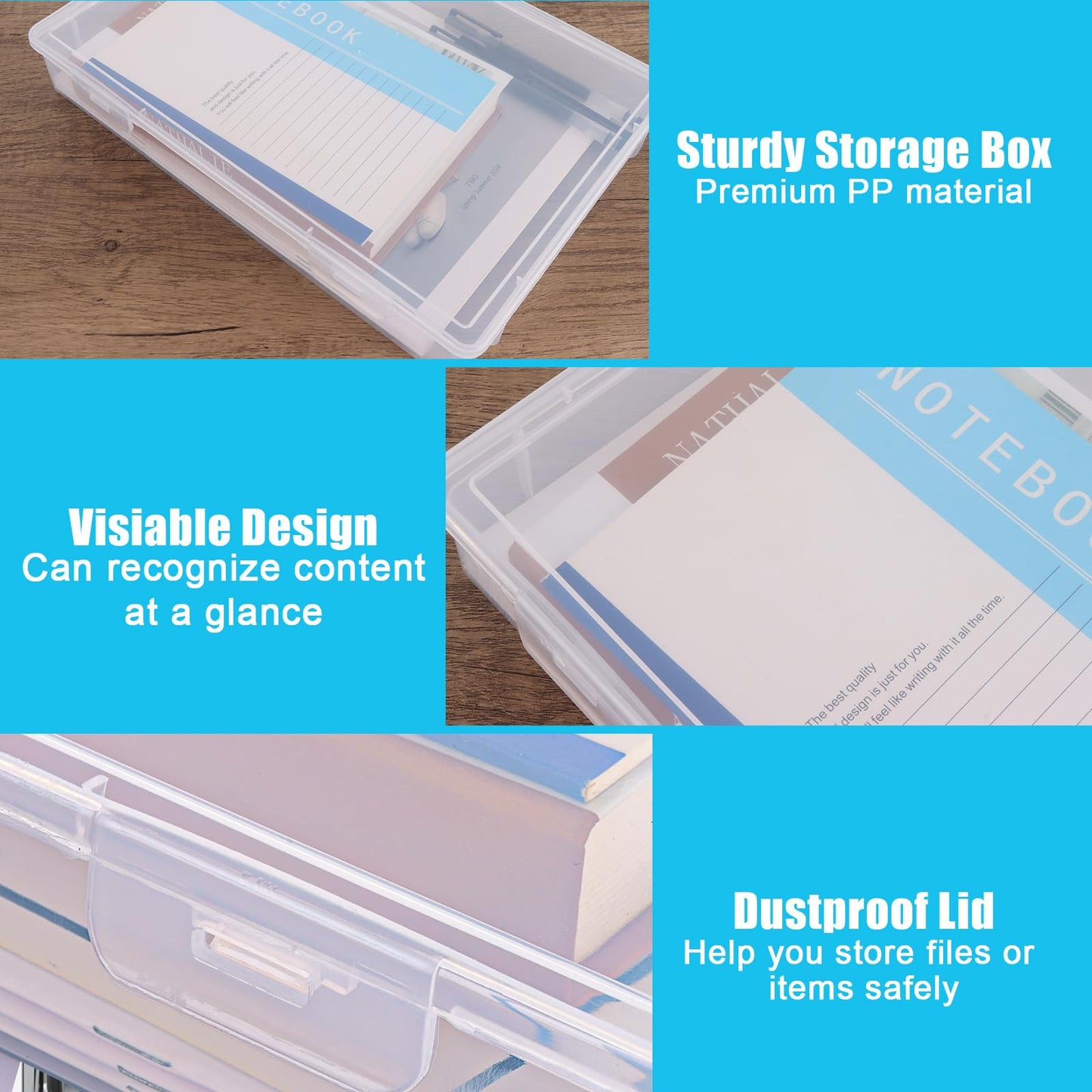 WOPPLXY 6 PCS Plastic A4 Storage Boxes with Lids, Clear A4 File Portable Project Case Organiser, Stackable File Paper Box for Document, Stationery