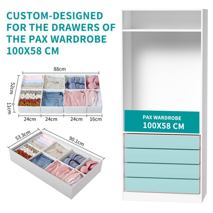 ORLISA Drawer Organiser for PAX 100 Drawers (100x58cm), 8 Pack Closet Organiser Set, Fabric Drawer Dividers & Wardrobe Organisers for Clothes Storage