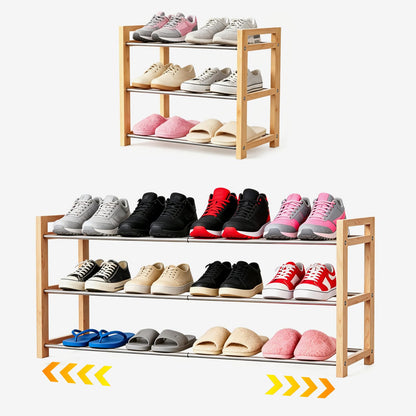LEMIKKLE Shoe Rack Wooden, 3-Tier Oak Shoe Rack Expandable Stainless Steel Design, Ideal for Small Shoe Storage for Narrow Space