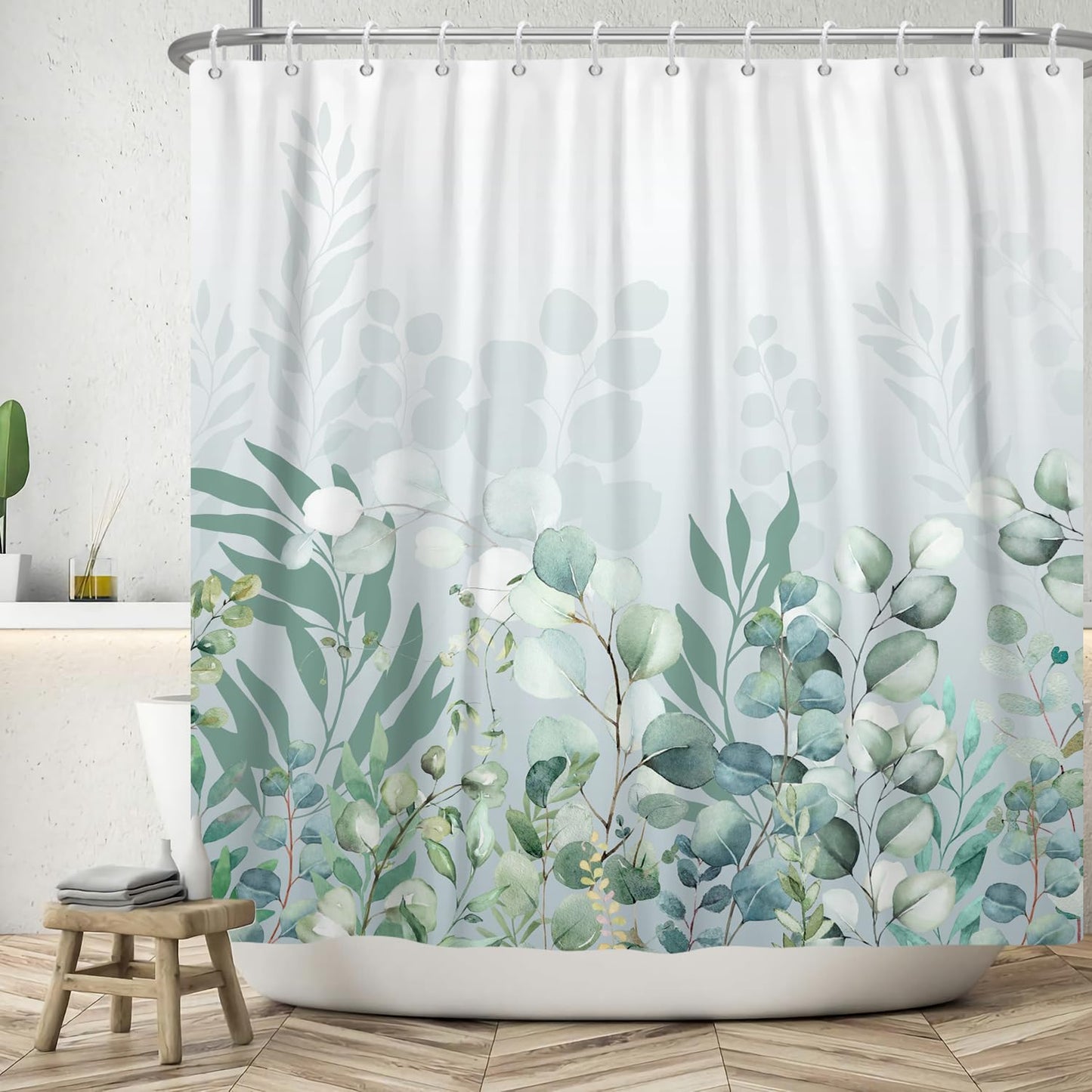 ASDCXZ Leaves Shower Curtain 180x200 cm, Spring Simplicity Green Blue Eucalyptus Leaves White Bath Washable Shower Curtains Polyester Textile
