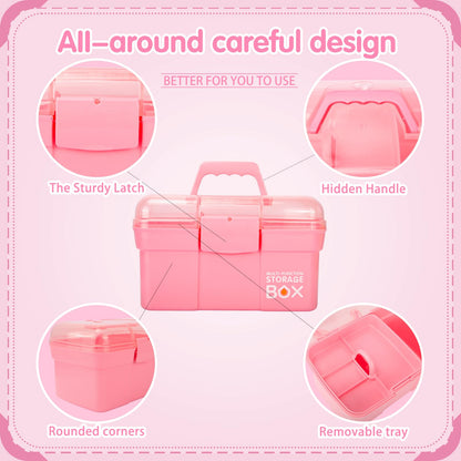 Creahaus 11in Multipurpose Storage Box with Removable Tray, Plastic Small Storage Box with Handle, Portable Art Craft Organizer Case for Sewing