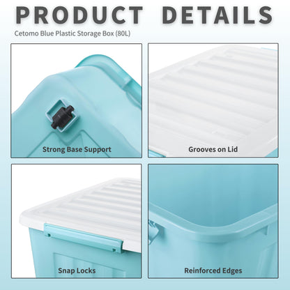 Cetomo 80L*3 Storage Boxes with Lids, Plastic Storage Box with Wheels and Secure Side Latches, Stackable & Nestable Organizer for Home, Office