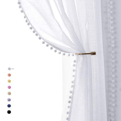 Snow White Sheer Curtains 52 x 90 Inch Bedroom Decorative Pompom Trimmed Voile Window Curtain for Living Room Light Weight Linen Look Solid Pencil