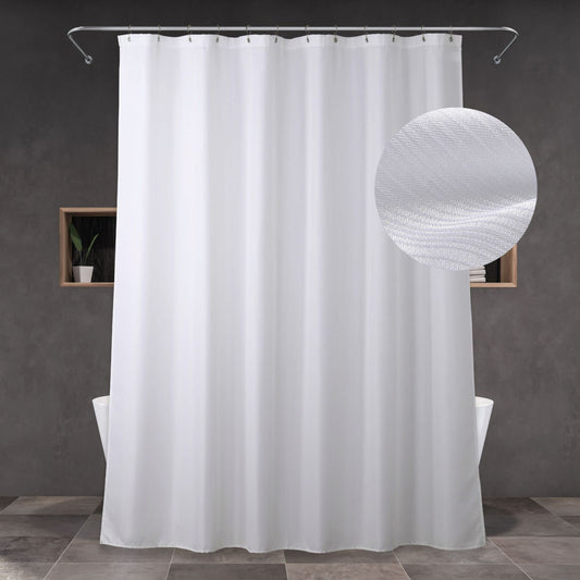Popkozzi White Fabric Shower Curtain: Linen Textured Water Repellent Washable Light-Weight Polyester Shower Curtains for Bathroom - Solid Simple
