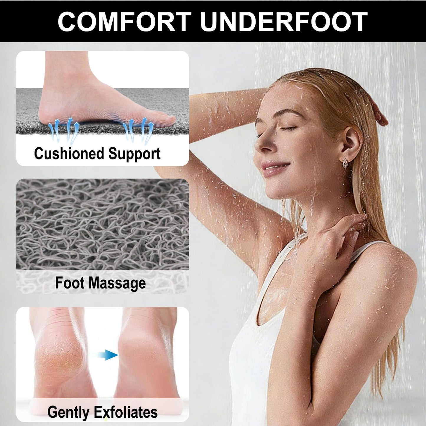 Large Shower Mat Non Slip Anti Mould: 100 x 70 cm Anti Slip Shower Mats for Inside Shower- Loofah Shower Mat Grey Long Washable Shower Matt for