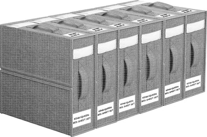 WANGIRL 6 Pack Bed Sheet Organiser Folding Storage, Linen Bedding Organiser Box with Zip for Sheets, Duvet Covers, Clothes, Towels and Blankets (Grey)