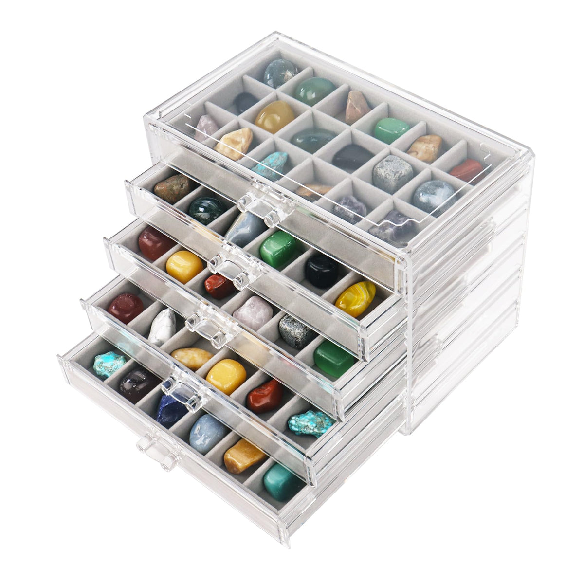 Dmnnlp Rock Display Case, 5 Drawers 90 Grids Acrylic Rock Collection Box, Storage Cases for Small Rocks Gemstone Fossil Crystal Stone Jewellery