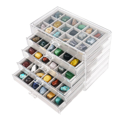 Dmnnlp Rock Display Case, 5 Drawers 90 Grids Acrylic Rock Collection Box, Storage Cases for Small Rocks Gemstone Fossil Crystal Stone Jewellery