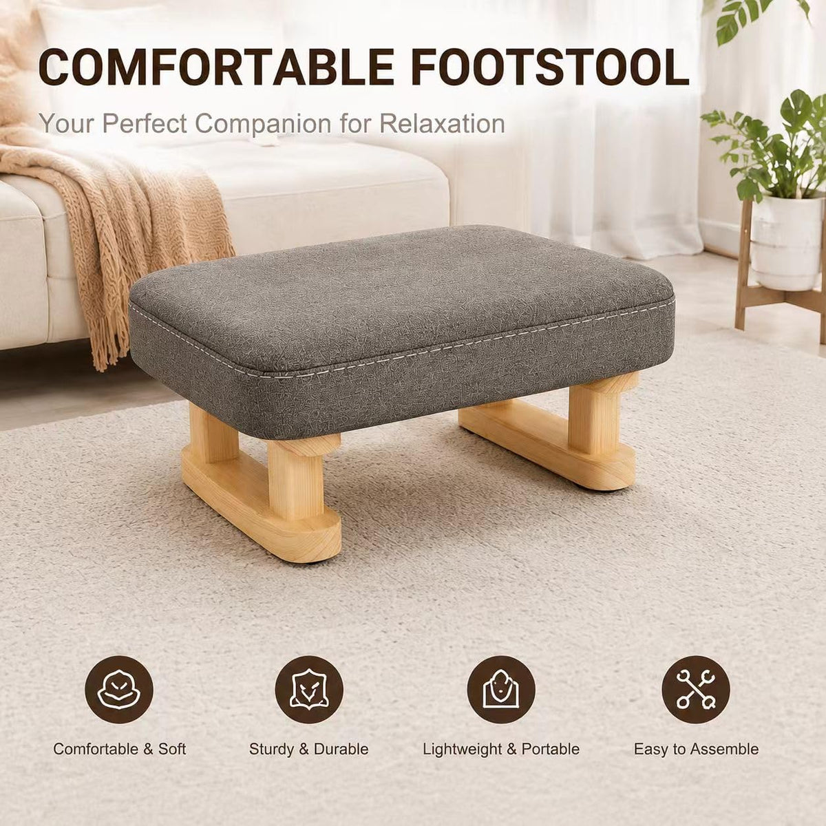 Small Footstool Ottoman, Removable Cover Fabric Foot Stool Rest with Wooden Legs and Non-Slip Soft Padding, Modern Footstools Step for Couch, Desk