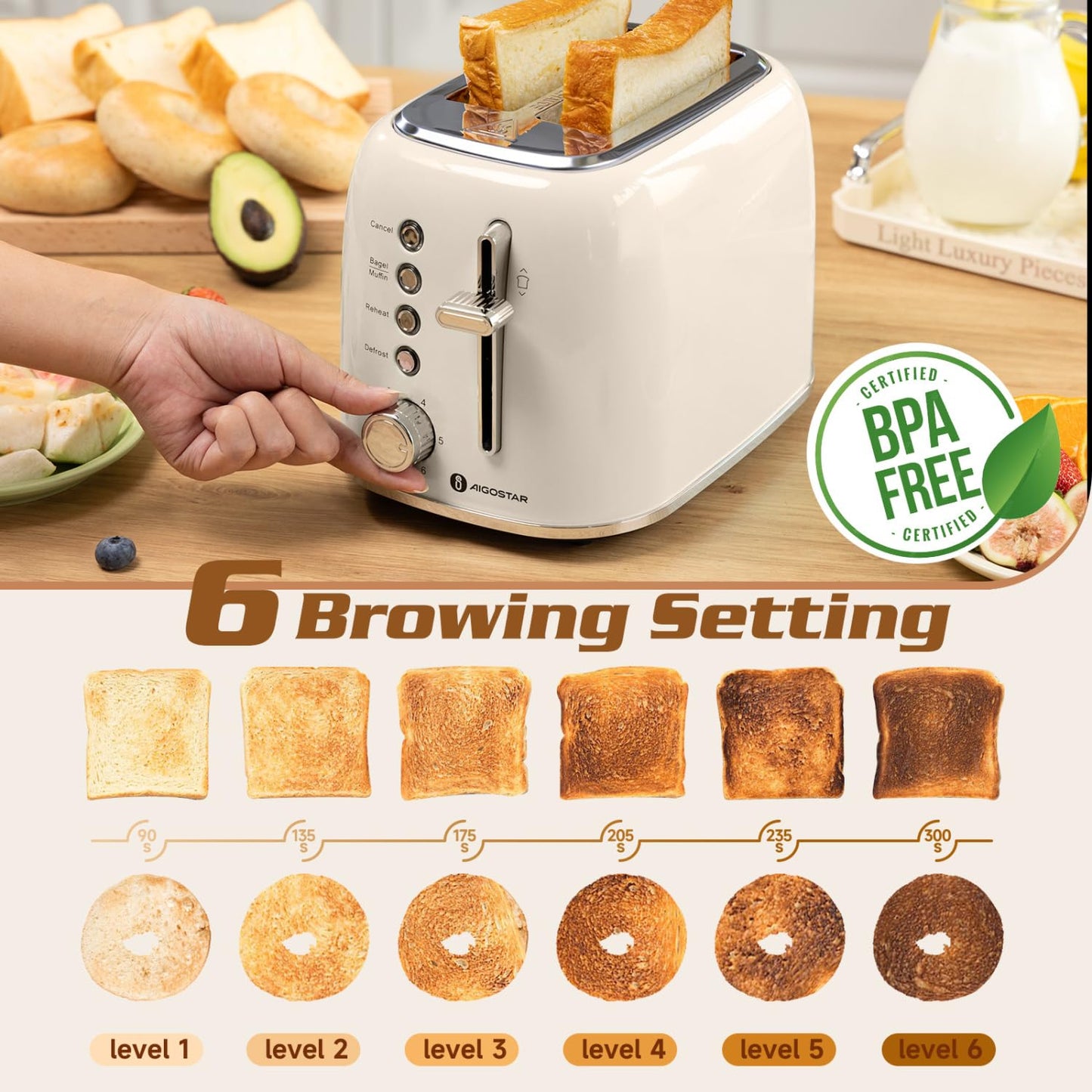 Aigostar Toaster 2 Slice, Retro Wide Slot Stainless Steel Toaster 800W for Toasting Bagels Breads, Defrost Reheat Cancel Functions, 6 Browning