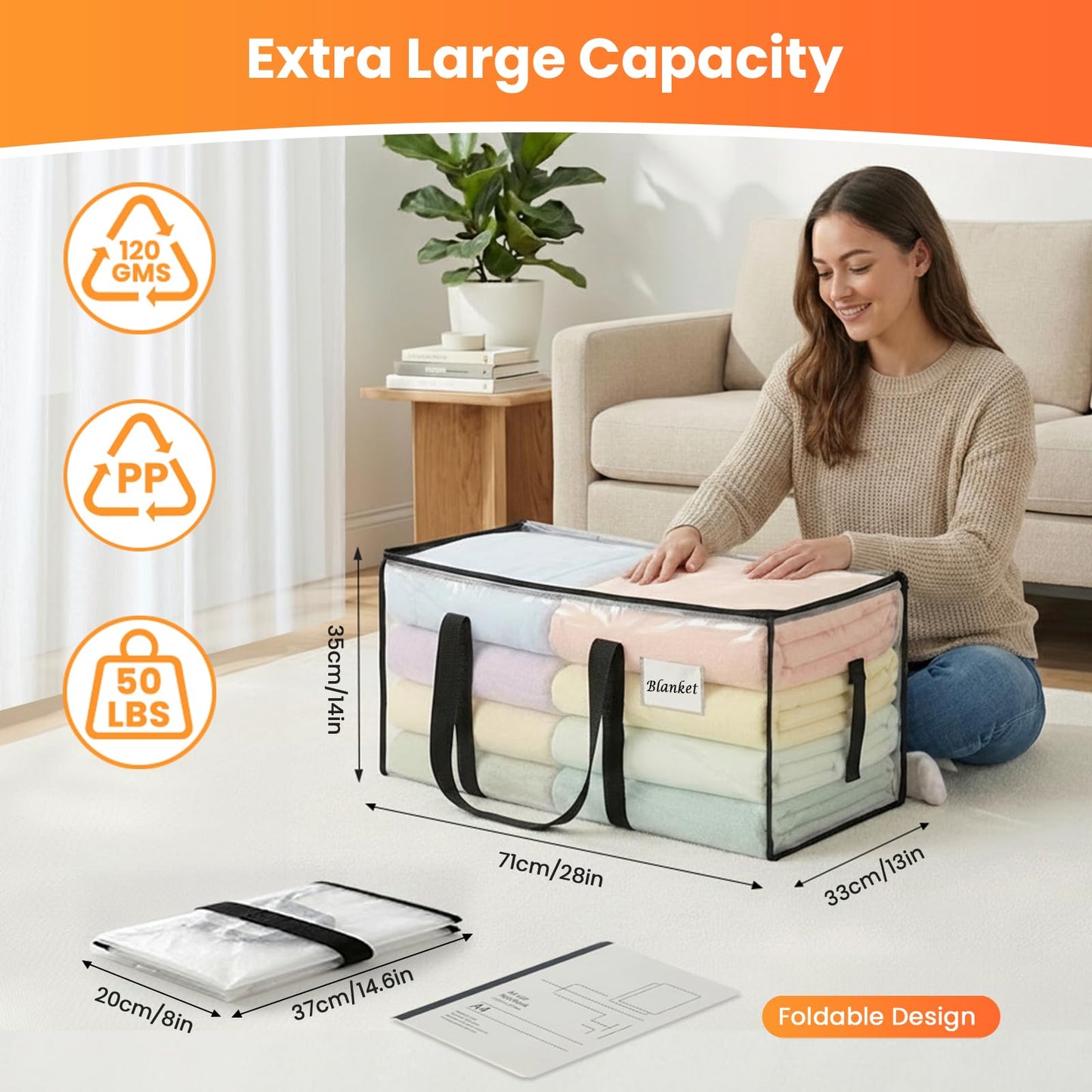 RICHER HOUSE 90L Heavy Duty Moving Boxes, Clothes Storage Bag, 4 Pack,Clear