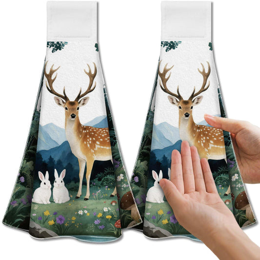 CUTHOLLOW Jungle Deer Tea Towels for Kitchen with Loop, Set of 2 - Soft & Super Absorbent Microfiber Decorative Hanging Dish & Hand Towel, Tea, Coffee