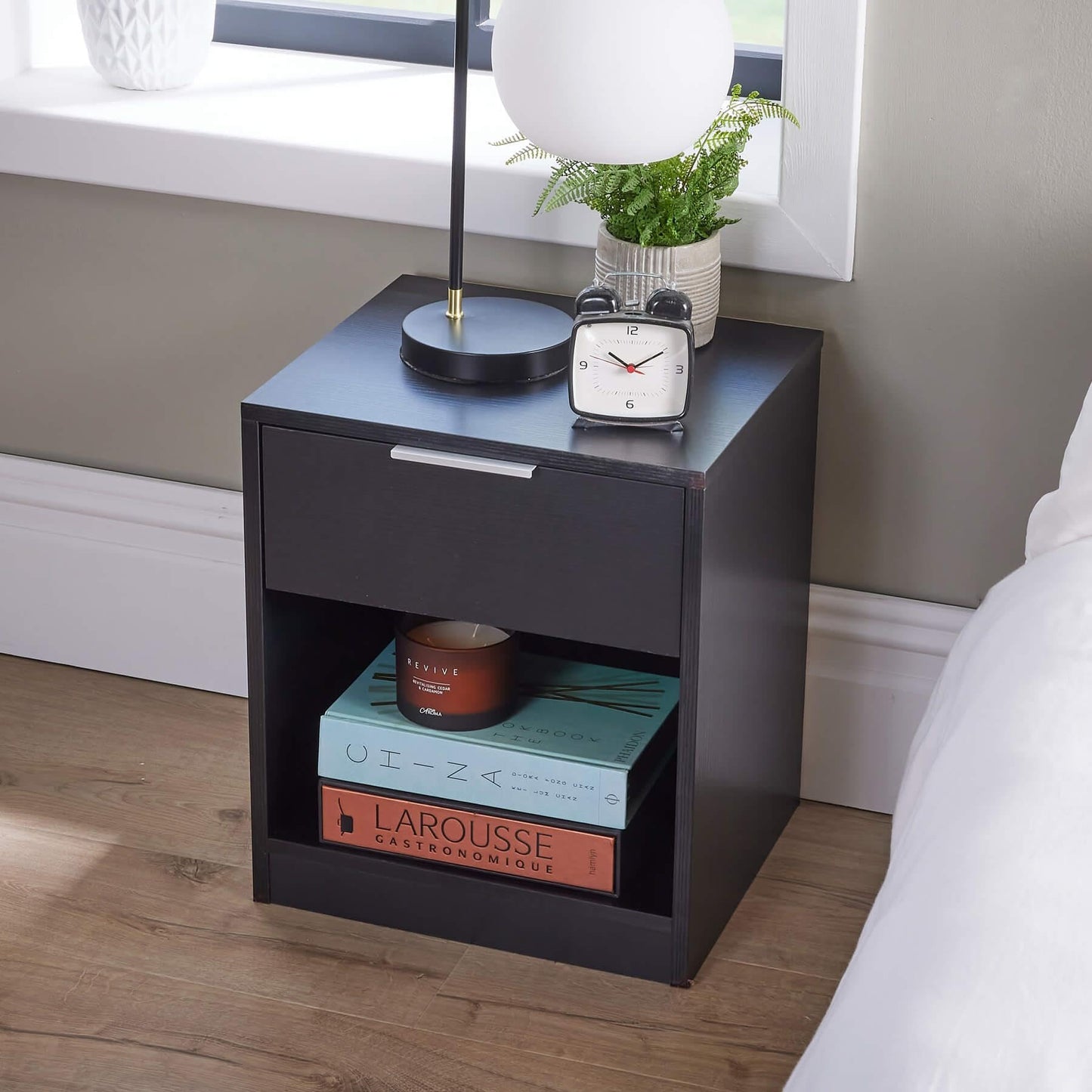 Home Source Bedside Cabinet Lamp Side Table, Black, 1 Drawer, Spacious Top, Engineered Wood