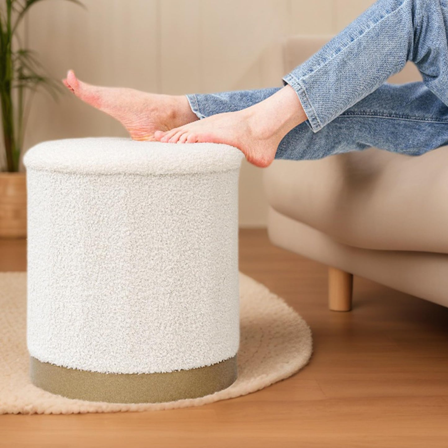 Bonlife Round Ottoman - Coffee Table with Storage, Cream, 37.5x37.5x42.5cm