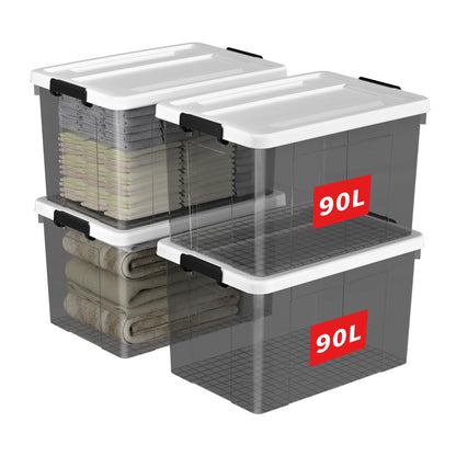 Cetomo 90L*4 Storage Boxes, Plastic Storage Box with Lids, Organizing Container with Secure Latching Buckles, Stackable, Nestable