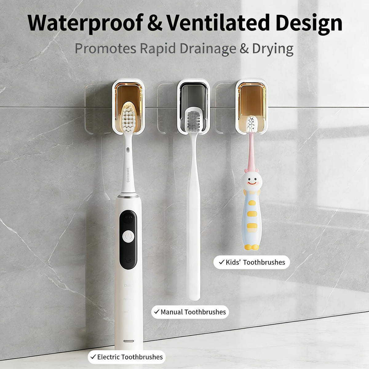 4pc Wall Mount Toothbrush Holder with Lid Self Adhesive, No Drill