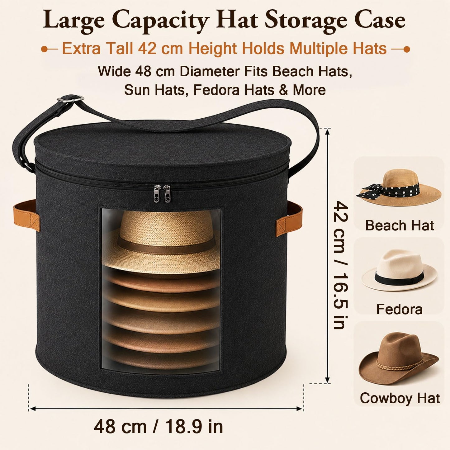 Hat Storage Box with Lid, 48x42cm Extra Large Round Felt Case with Handles