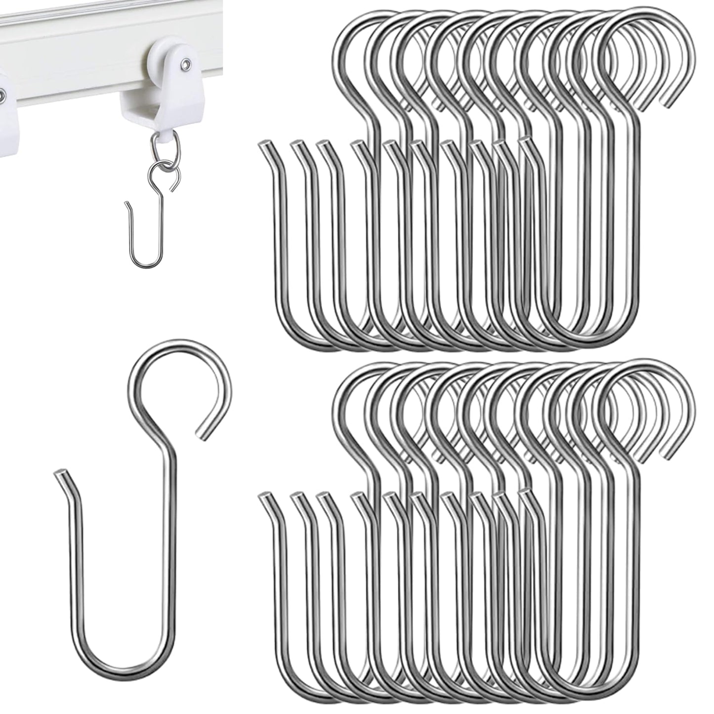 Eophmi 20 Pcs Shower Curtain Hooks, Stainless Steel, White, Universal Size, Easy to Use, Multi-Purpose