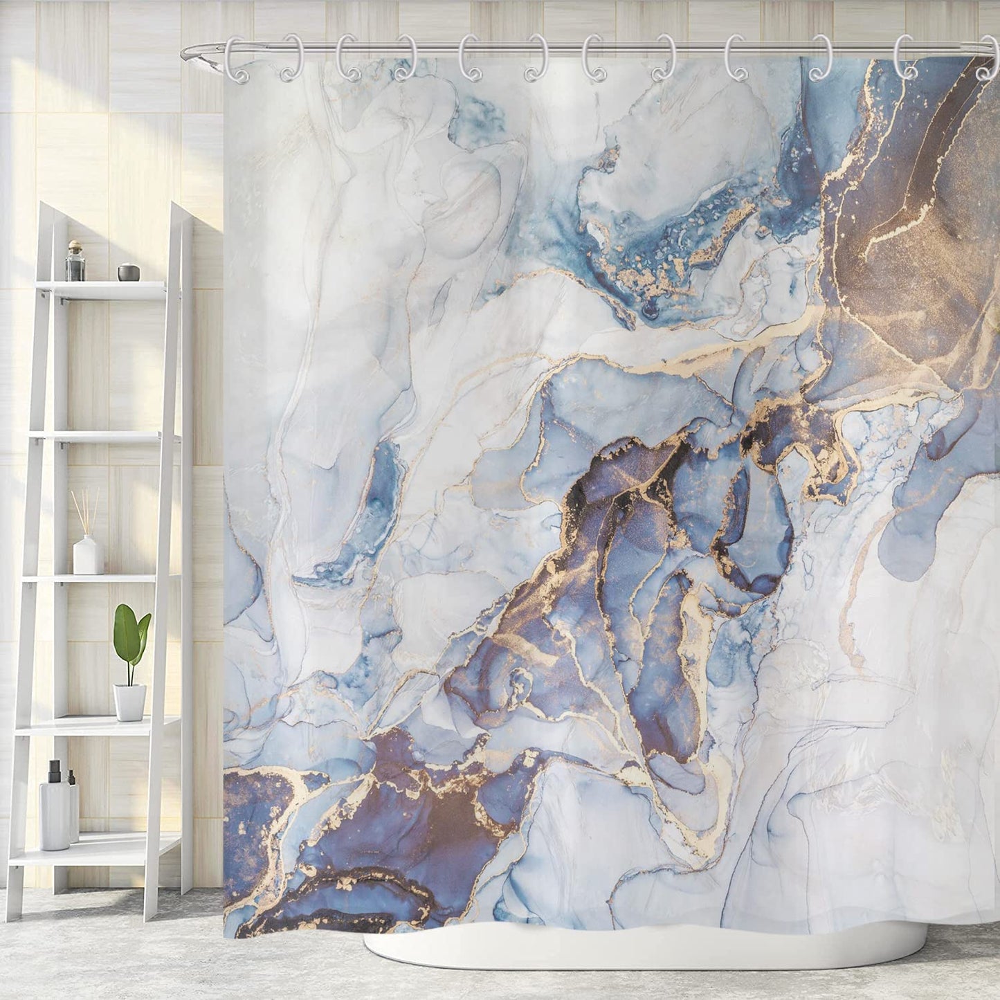 ASDCXZ Marble Shower Curtain 180x180 cm, Modern Abstract Art Blue Gold White Marble Optic Texture Bath Washable Shower Curtains Polyester Textile