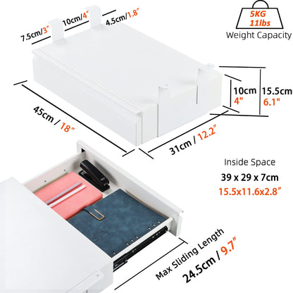 OSteed Large Under Desk Metal Drawer 45cm, Office Under Shelf Drawer, White