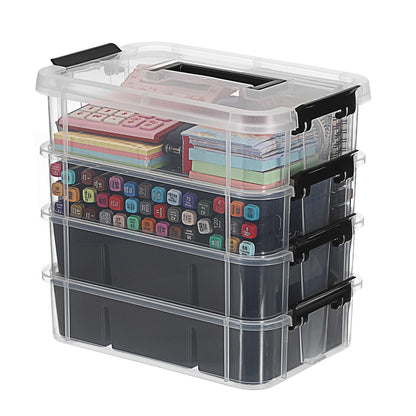 IGNPION Stackable Storage Box, 4 Layer Adjustable Plastic Storage Box with Carrying Handle Transparent Organizer Containers for Arts and Crafts Toys