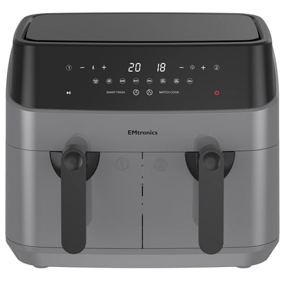 EMtronics EMAFDD9LGR Dual Air Fryer Extra Large Family Size Double XL 9 Litre with 8 Adjustable Pre-Set Menus for Oil Free & Low Fat Healthy Cooking,