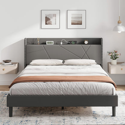 IRONCK 5ft King Size Bed Frame with Charging Station, Bed Frame King with Upholstered Storage Headboard, Sturdy Wooden Slat Support