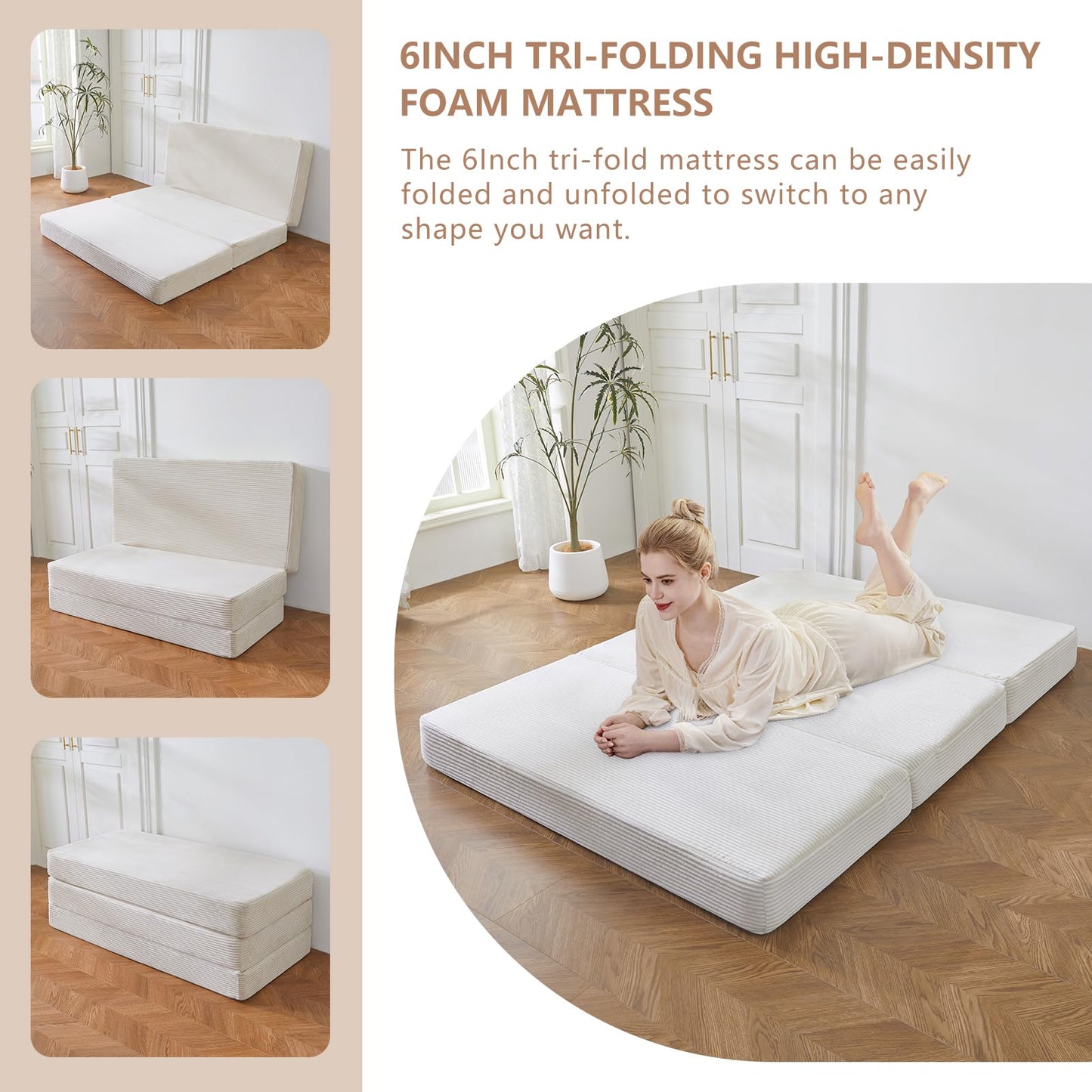 MAXYOYO Folding Corduroy Mattress, Tri Fold Floor Mattress 15cm thick with Washable Cover,Foldable in Three,Space-Saving for Guest (Beige, Single)