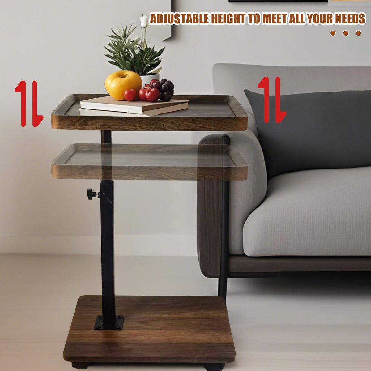 Adjustable Height C Shape Side Table,with 360 Degree Rotating Wheels ,Multifunctional Sofa Bed Side Table(Walnut Brown )