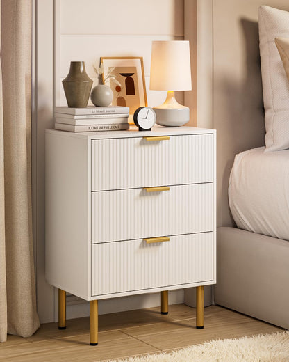 Apetaccat Bedside Table with 3 Drawers, Modern Bedside Cabniet with Metal Legs, Fluted Nightstand, Side Table for Bedroom, Living Room, Office