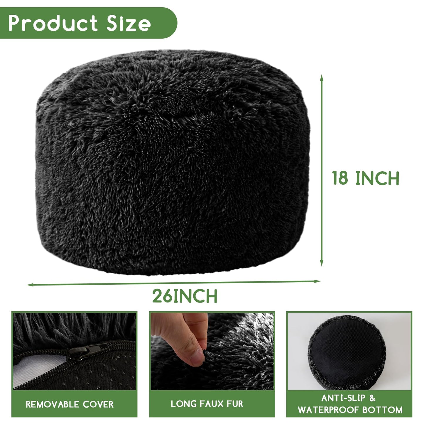 HIGOGOGO Faux Fur Beanbags Round Footstool Bean Bag Pouf with Foam Chunk Filling, 65 x 45 cm Floor Poufs Foot Rest for Living Room, Black
