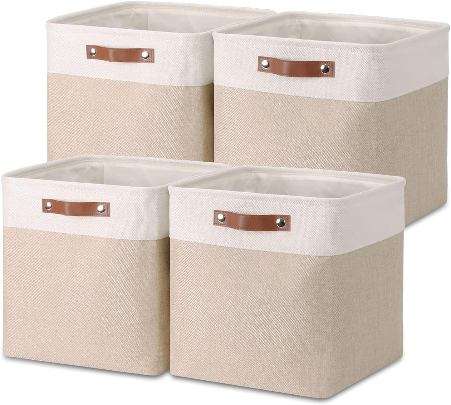 Mangata Collapsible Storage Cube Boxes, 33x38x33cm Linen Woven Fabric Storage Baskets with Leather Handles 4pcs (Light Khaki and White)
