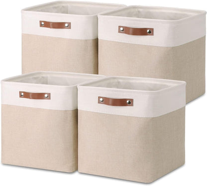 Mangata Collapsible Storage Cube Boxes, 33x38x33cm Linen Woven Fabric Storage Baskets with Leather Handles 4pcs (Light Khaki and White)