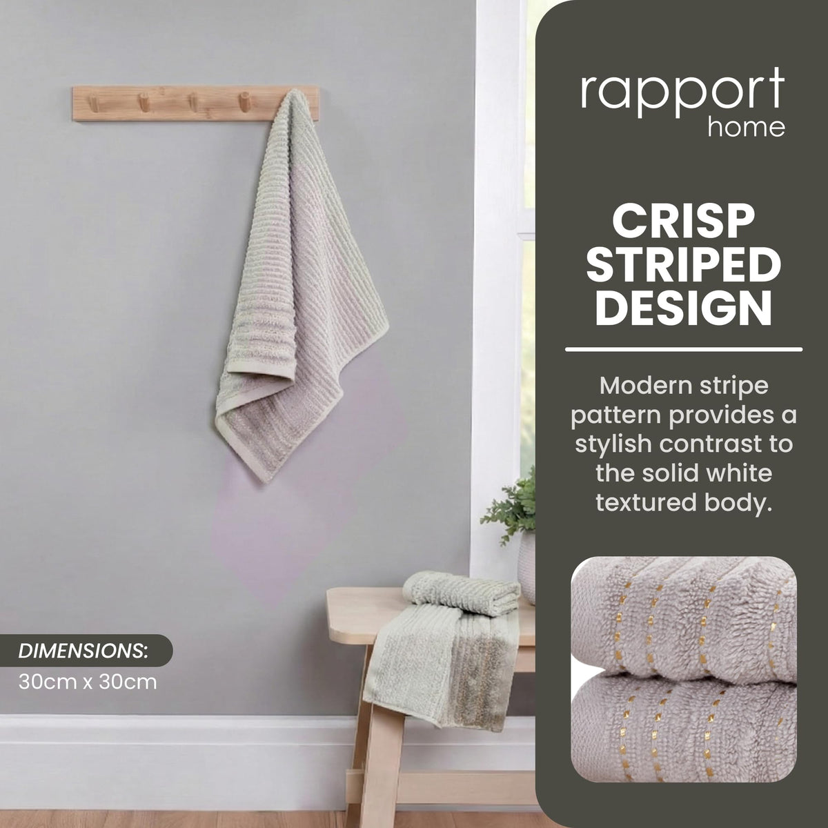 Rapport Home Linear Face Towels 2-Pack | Luxurious 100% Cotton 500gsm Soft Absorbent Face Cloths | Oeko-Tex Certified Bathroom Hand Towels