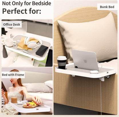KIWIFOTOS Bedside Shelf for Bed, Clip-On Bedside Shelf Nightstand for Dorm Bunk Bed, Organizer Shelf with Cup Holder, iPad Slot, Mute Design- White